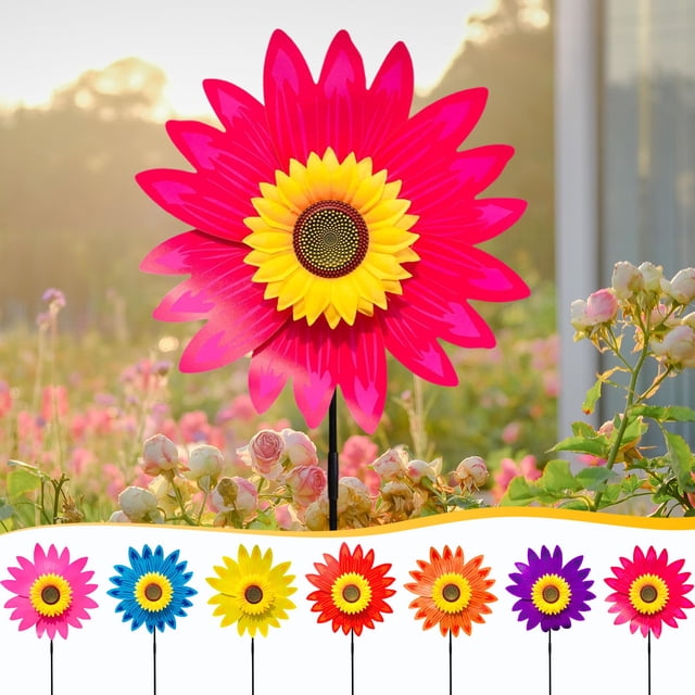 Molino de viento de girasol Decoración de jardín al aire libre | Molinete giratorio bidireccional de 36 cm | Plástico colorido, duradero, fácil de ensamblar | Adorno de jardín brillante | 1 paquete