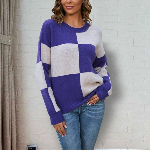 Karight Women’s Color Block Sweater Casual Loose Fit Knitwear for Women Crewneck Long Sleeve Pullover Jumper Plaid Top