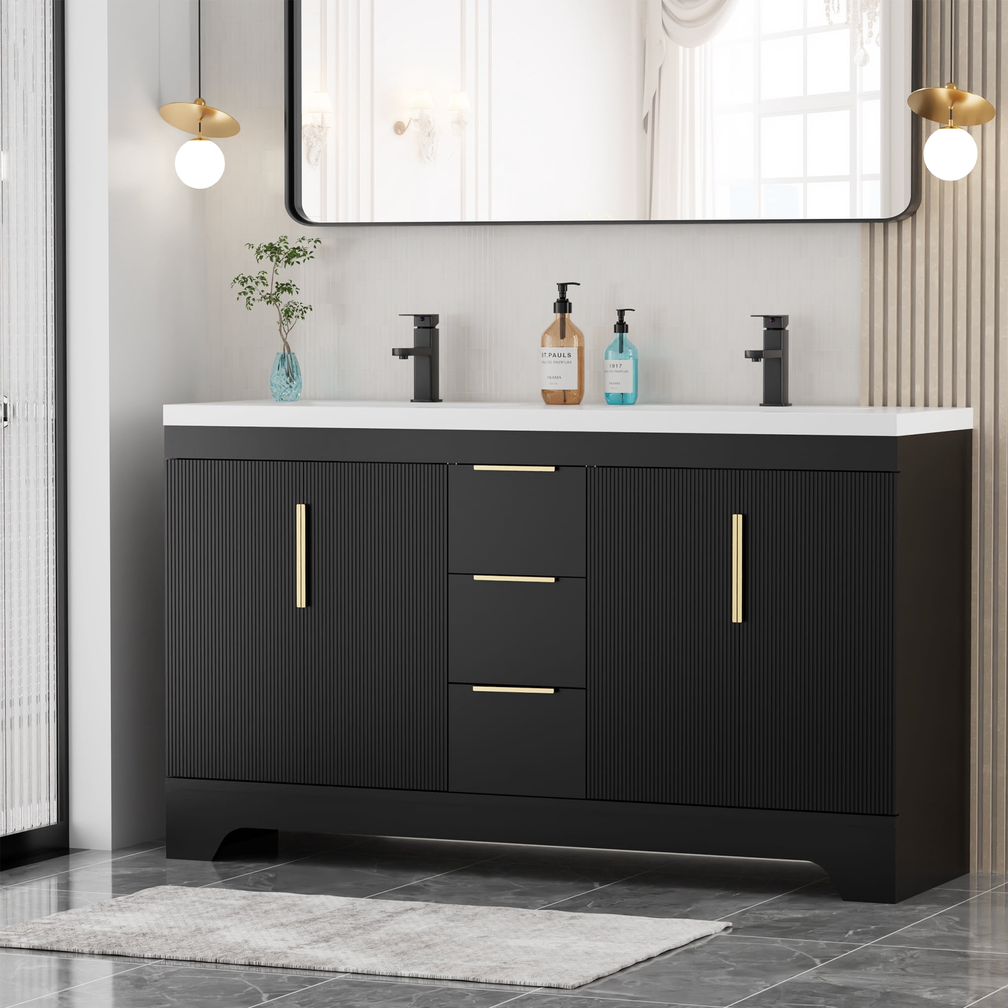 Eclife 60-inch Double Sink Bathroom Vanity with Integrated Tops, Soft-Close Hinges, Fluted Door Design, Mid-Century Modern