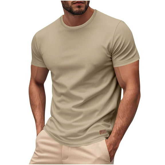 Qgtaibl Men's Basic T Shirt Short Sleeve Crew Neck T-Shirt Casual Slim Fit Summer Tee Solid Color Daily Shirts Khaki,S
