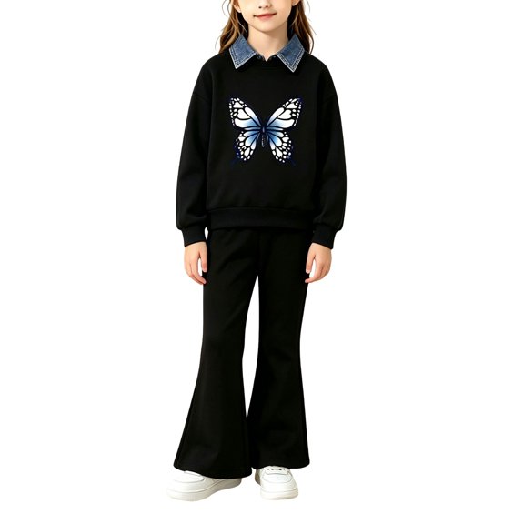 YunPes Toddler Girl Matching Sets Denim-Collar Graphic Sweatshirt and Bell Bottom Pants Kids Fall Winter Holiday Casual Wear