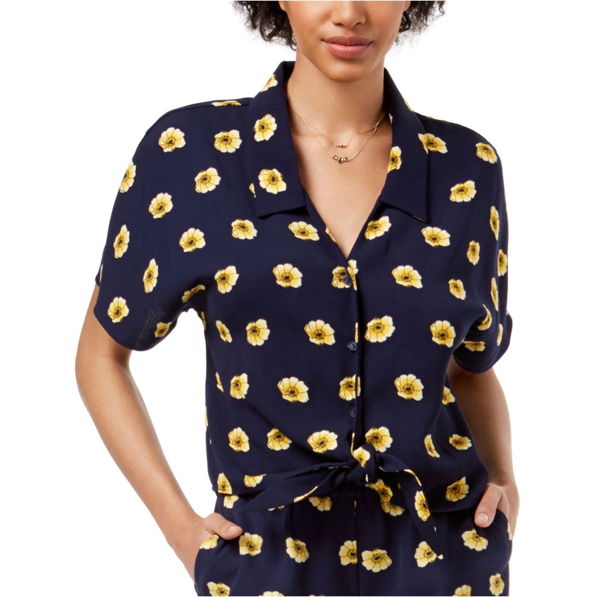 Maison Jules maison Jules Womens Tie Front Button Down Blouse, Blue