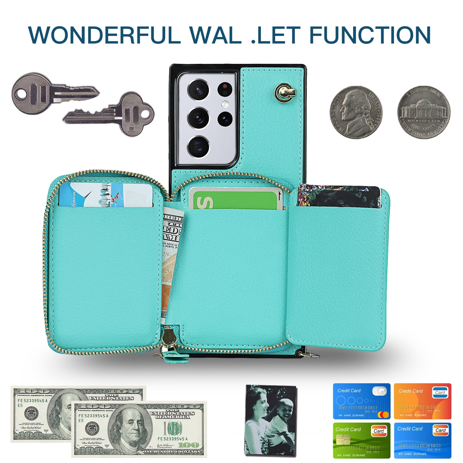 TECH CIRCLE For Galaxy S9 Wallet Case,Card Holder Phone Case for Women, Zipper PU Leather Purse Kickstand Folio Flip Case with Crossbody Strap for Samsung Galaxy S9 5.8" 2018,Mint