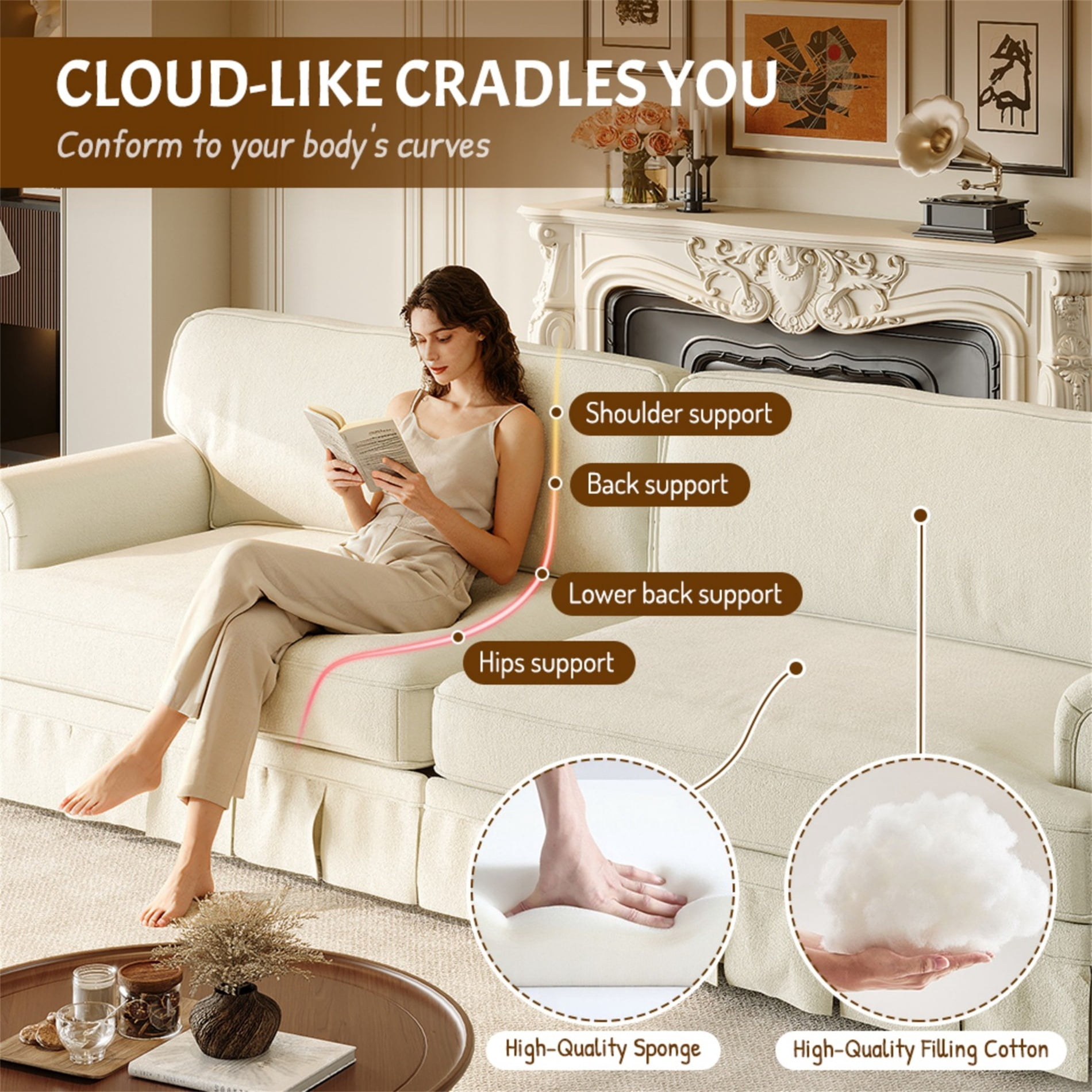 Alvantor 74" 3-Seater Cloud Sofa Couch Upholstered Chenille Couch with Rolled Arms & Pleated Skirt, Mid-Century Modern Sofa for Living Room Beige