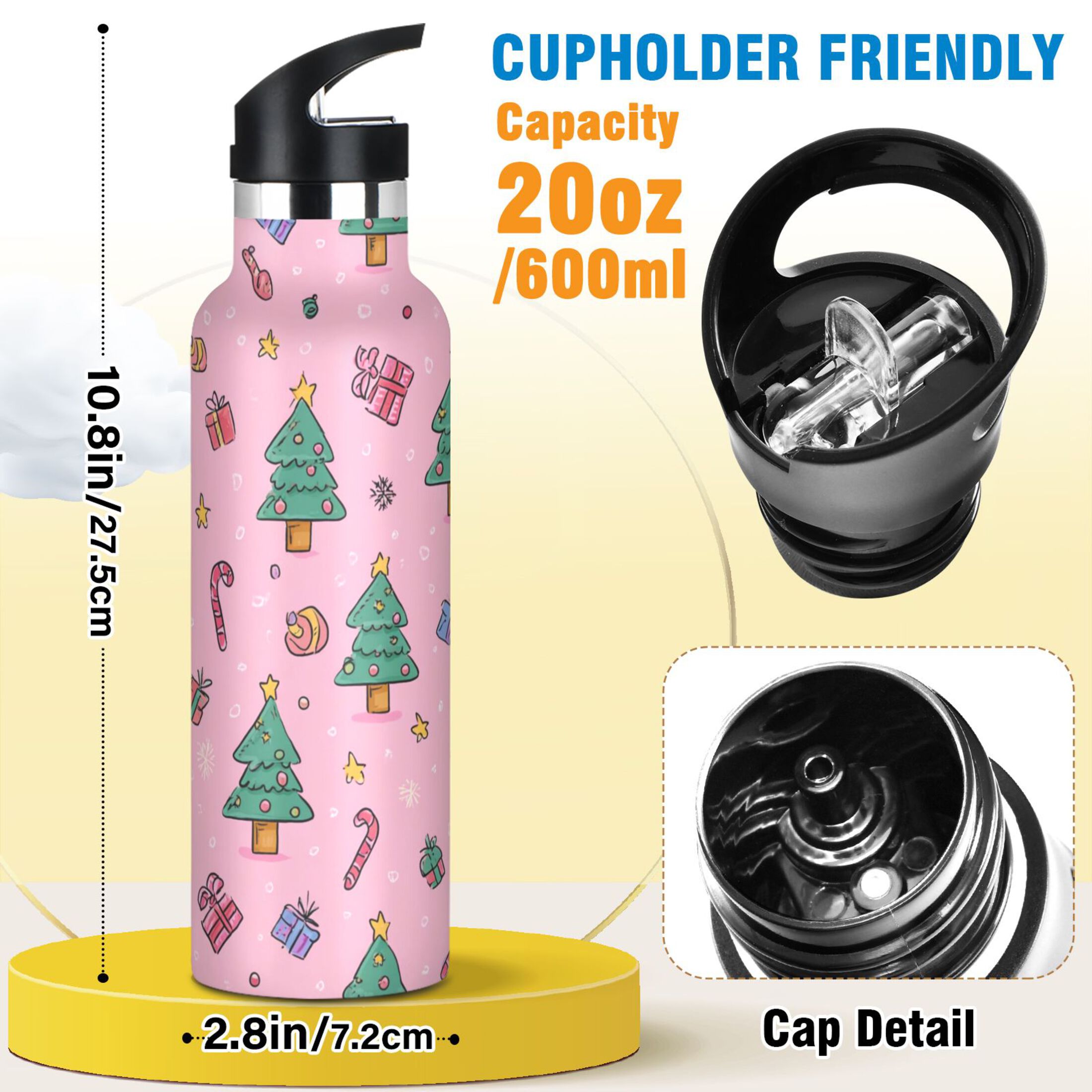 600ML Stainless Steel Insulated Cup Sports Water Bottle Portable Thermos Cup Water Glasses Insulated Tumblers Convenient and Durable Christmas Tree Seamless Cute