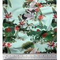 thumbnail image 1 of Soimoi Satin Silk Fabric Sandhill Crane,Leaves & Lotus Floral Print Fabric by The Yard 42 Inch Wide, 1 of 1