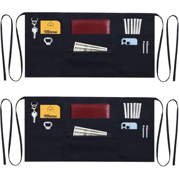 7 Pockets Server Aprons with Zipper Pocket (2 Pack) - Aprons for Women Men - Waiter Waitress Waist Half Apron 24x12