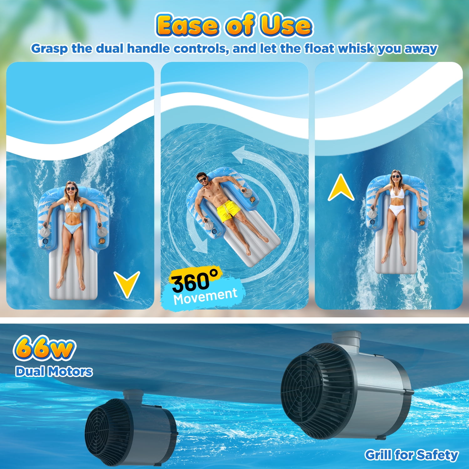 Hot Bee Electric Pool Lounger for Adults, Rechargeable Motorized Float with Dual Propellers, Handheld Remote, Cup Holders & 360° Movement, Summer Floating Water Lounge Chair