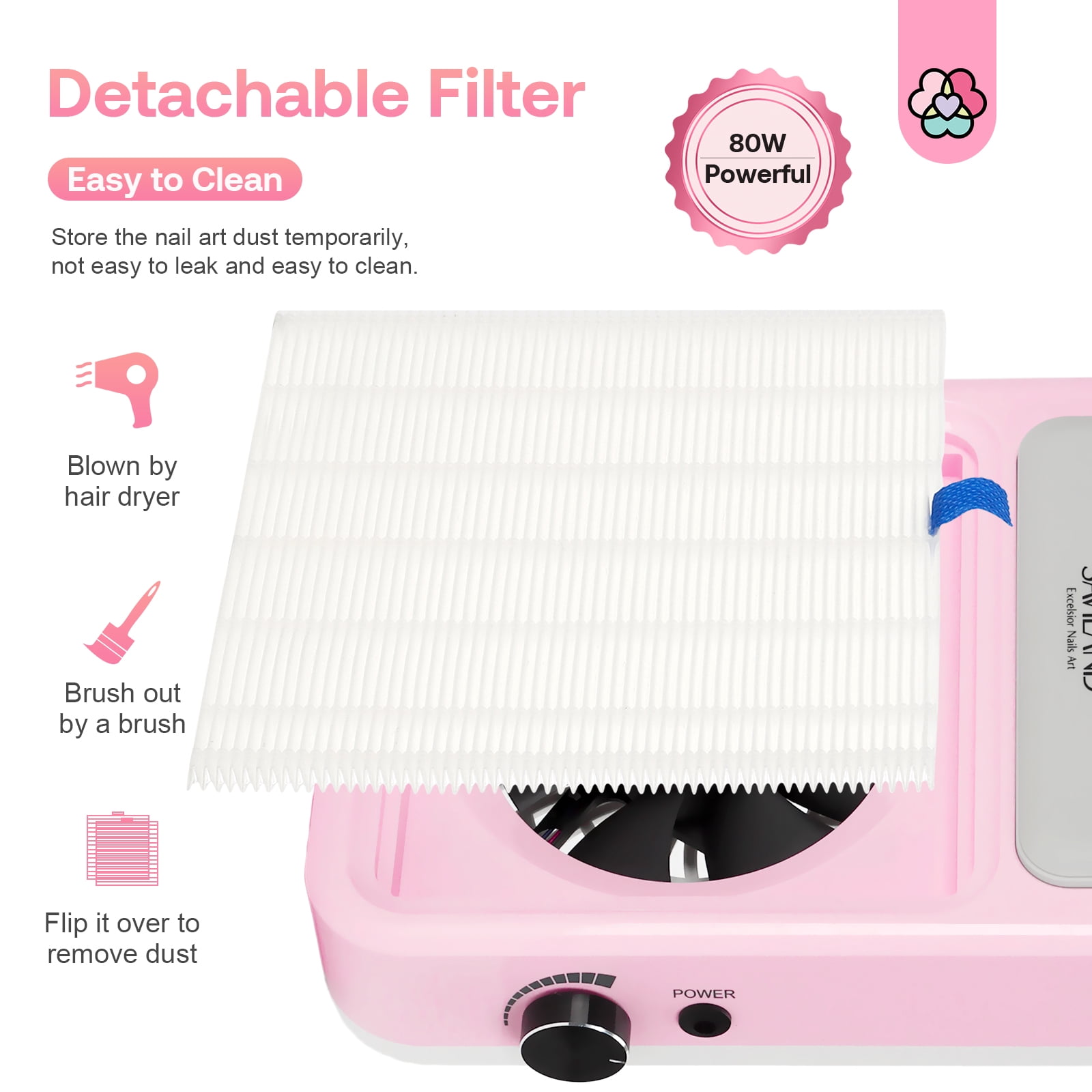 SAVILAND Nail Dust Collector Powerful: 2024 Super Quiet Dust Collector Below 55 dB 80W Strong Suction for Nail Tech Electric Nail Vacuum Dust Collector Acrylic Extractor Detachable Filter Nail