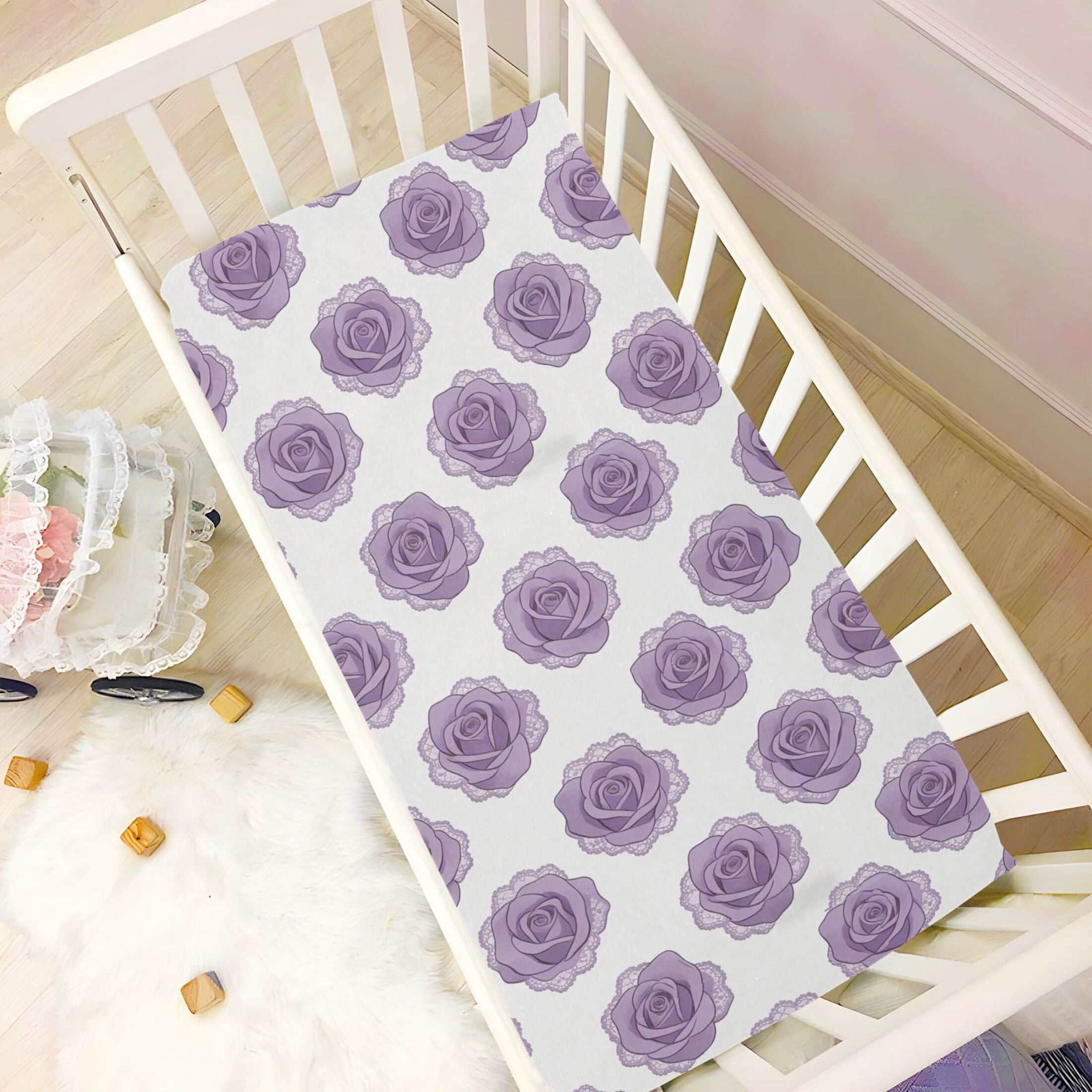 Baby Essentials 52”x 28”- Standard Cotton-like Modal Elastic- Purple Rose Design Crib Sheets for Newborns and Toddlers