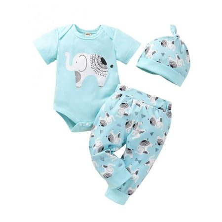 

3 Pcs Newborn Baby Girl Summer Clothes Elephant Pattern Print Romper+Long Pants+Hat Infant Jumpsuit Outfits Set