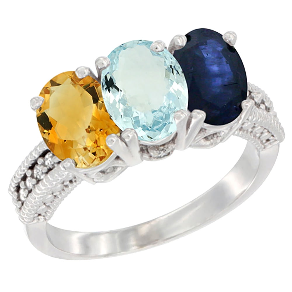 10K White Gold Natural Citrine, Aquamarine & Blue Sapphire Ring 3-Stone Oval 7x5 mm Diamond Accent, sizes 5 10 by WorldJewels