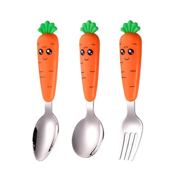 Stainless Steel Fork And Spoon Set With Silicone Carrot Handle Baby Toddler Utensils Food Grade