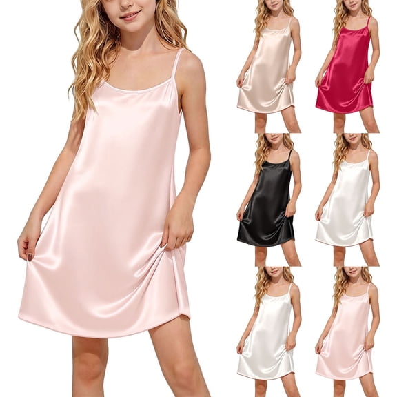 HAOTAGS Girls Slip Dresses 7-8,Sleeveless Tank Strap Satin Finish Round Neck Mid-Length Homewear Pink