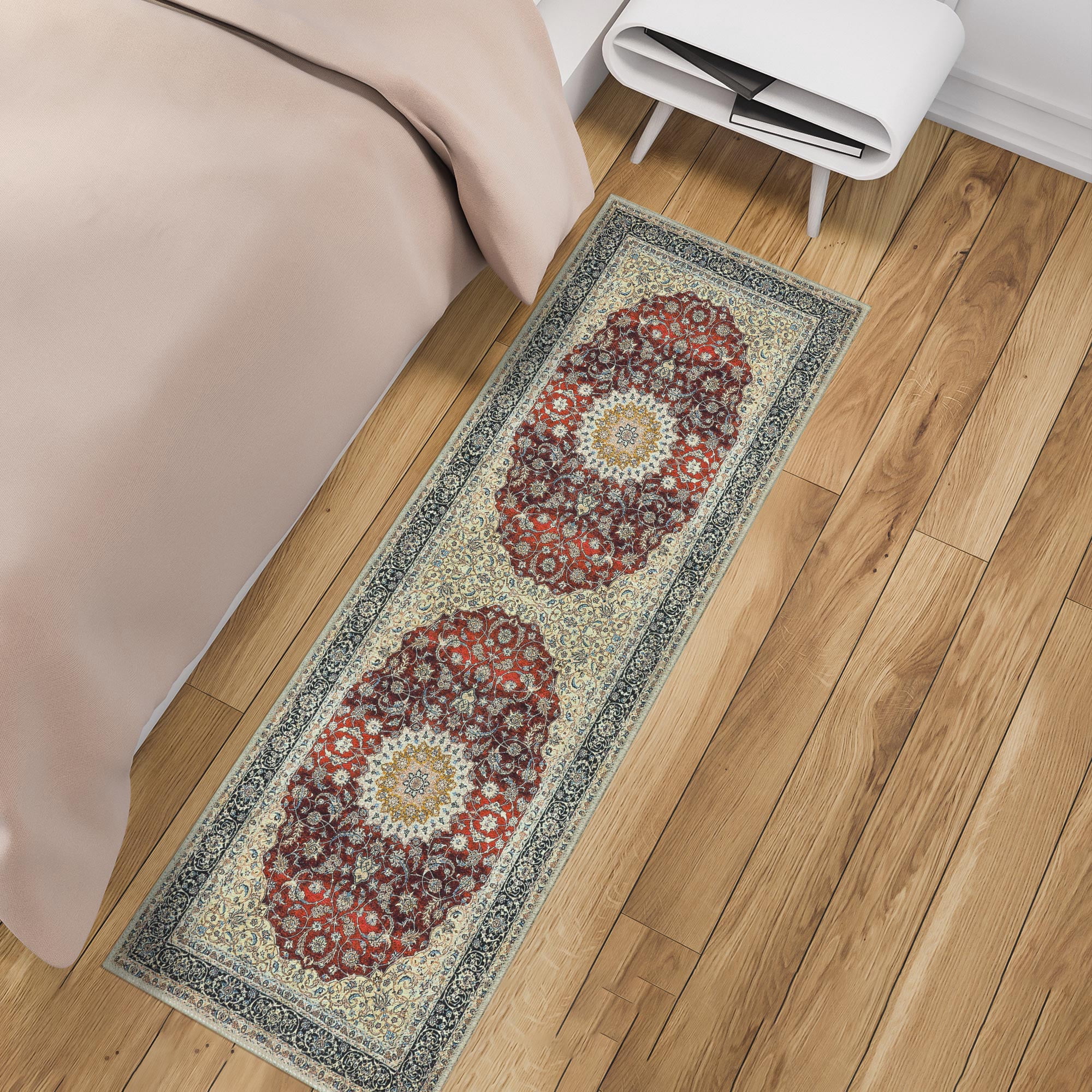 Ottomanson Machine Washable Cotton 2x5 Flatweave Runner Rug for Bedroom, 20" x 59", Red Medallion