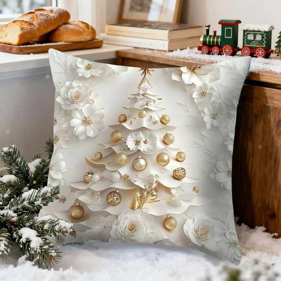 HCBY Gold Relief Aesthetic Christmas Throw Pillow Covers 18", Soft Comfy Xmas Santa Claus Trees Pillow Cases, Poinsettia Snowman Reindeer 3D Decor for Couch Sofa Living Room Bed Gift idea