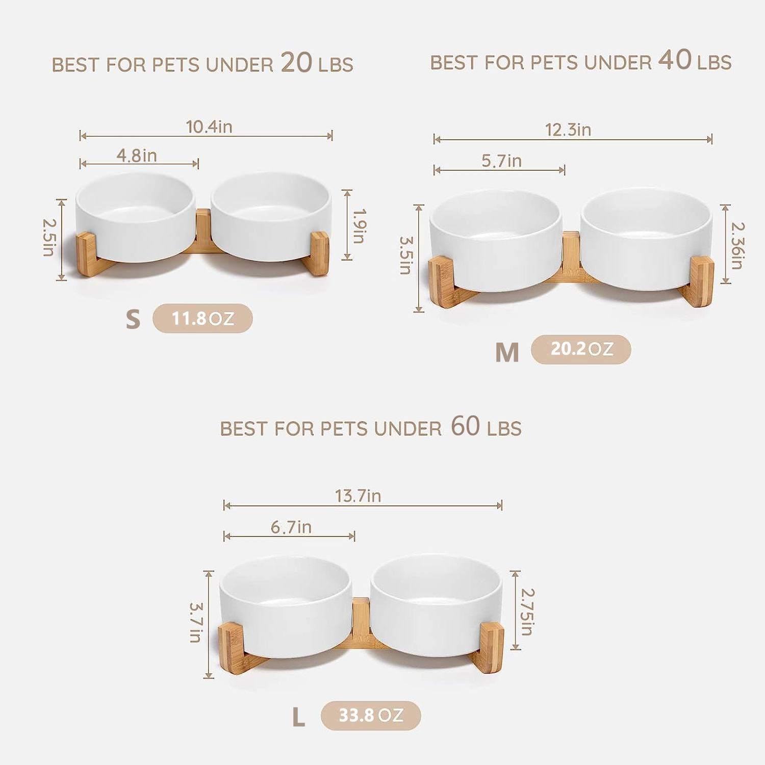 Ceramic Dog and Cat Bowl Set with Wooden Stand, Modern Cute Weighted Food Water Set for Small Size Dogs (11.8OZ) & Medium Sized Dogs (20.2OZ) & Larger Size Dogs(33.8OZ)