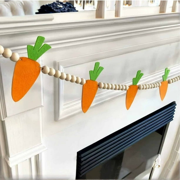 Adornos de Pascua, regalos de Pascua, zanahorias no tejidas, cuentas de madera, banderas colgantes, flores colgantes, decoración para repisa de chimenea, rábanos de Pascua de fieltro, cuerda colgante.