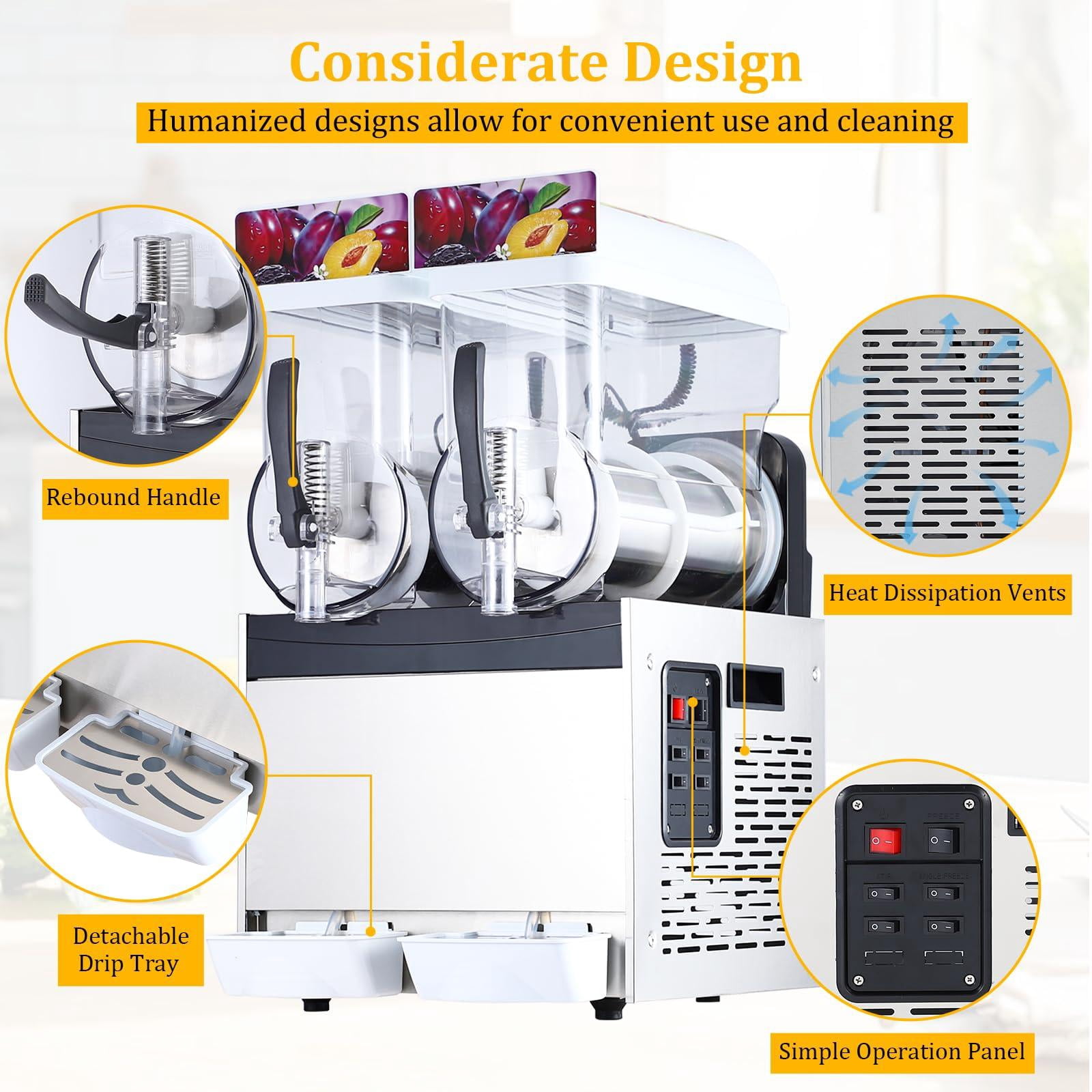 700W Dual Tank Commercial Slushie Machine – 15L x 2, Stainless Steel, Self-Cleaning, High-Speed Frozen Drink Maker for Home or Bar, White
