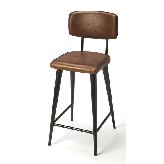 Butler Specialty Leather Bar Stool Chair in Mahogany With Square Seat & Footrest