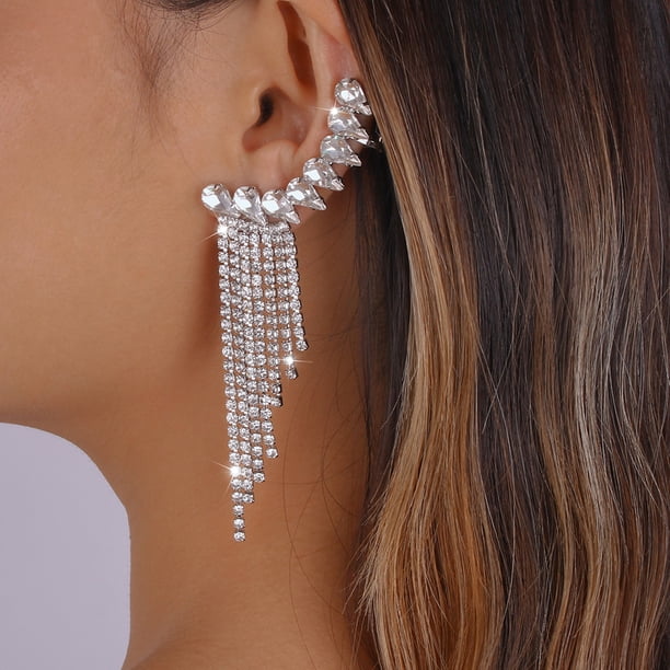 Pendientes de moda exagerados europeos y americanos con borlas de diamantes de imitación y cadena de garra geométrica, pendientes de clip de oreja de nicho de lujo ligero