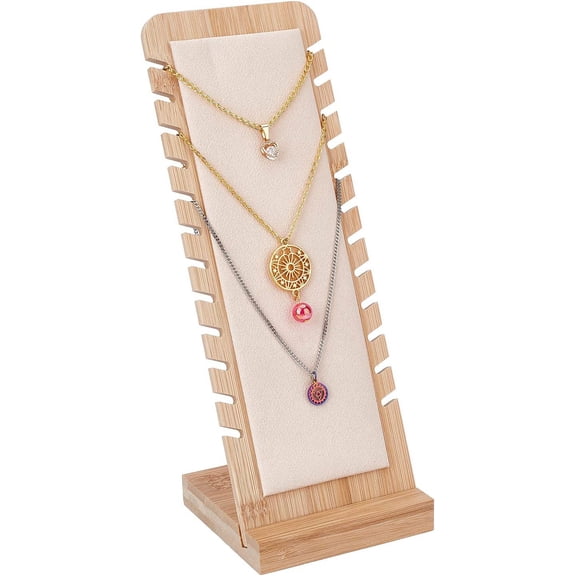 12 Slots Necklace Jewelry Display Stand Tabletop Display Boards Necklace Showcase Holder Long Chain Handing Organizer with Leather for Necklaces Pendant Bracelet Beige