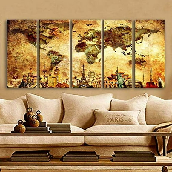 Original by BoxColors Xlarge 30"x 70" 5 Panels 30x14 Ea Art Canvas Print Map World Wonders of the World Old wall home decor (framed 1.5" depth) M1842