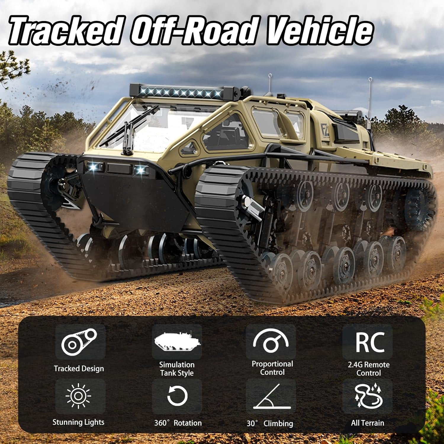 RC Tank Car, 1:16 Remote Control Crawler 10KM/H High Speed Tank, 2.4Ghz RC Rock Crawler Off-Road 4WD 360°Rotating Drifting Car with 2 Batteries, Military Truck Toy Gift for Kids