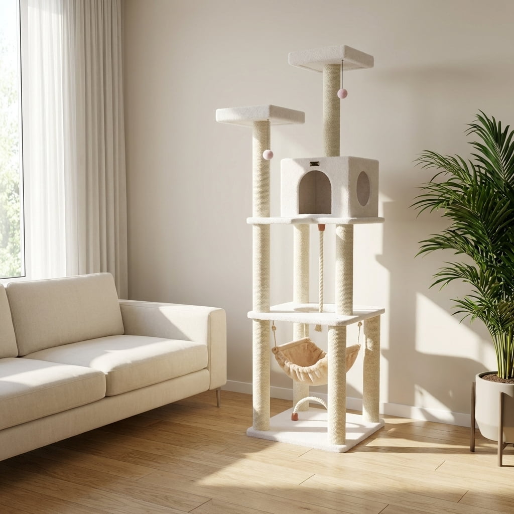 Cat Tree Tower, 73 Inch Tall Multi-Level Cat Condo with Natural Sisal Scratching Posts, Plush Perches, Cozy Hideaway, Hanging Hammock and Rope, Beige