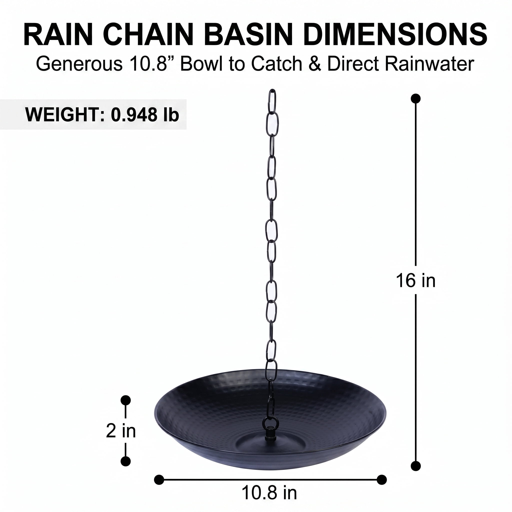 Topadorn Matte Black Hammered Metal Rain Chain Basin, 10.7 Inch Decorative Catch Bowl with Hanging Chain, Outdoor Gutter Water Diverter for Garden & Patio
