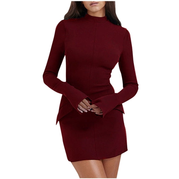 Wdfiry Women's Sexy Dress Long Sleeve Crew Neck Dress for Womens Slim Fit Stretchy Casual Mini Dresses