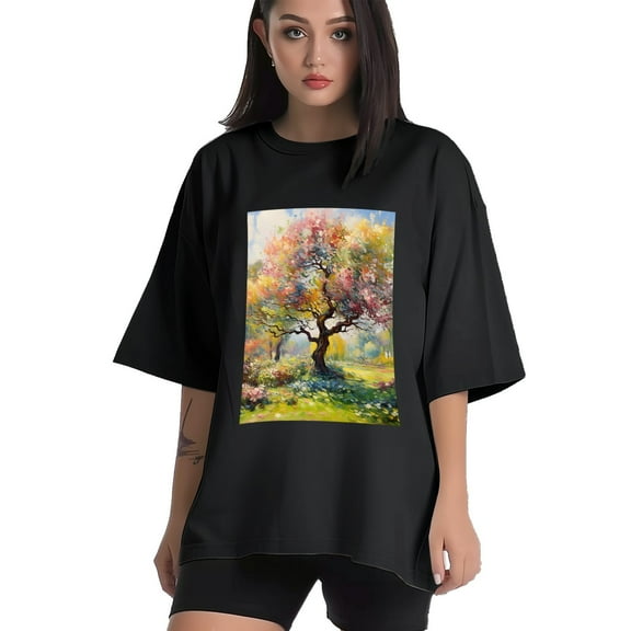 Plus Size Shirt for Women Black Tops for Women Short Sleeves Shirt for Women Colorful Tree T Shirt Crewneck Shirt for Women XS