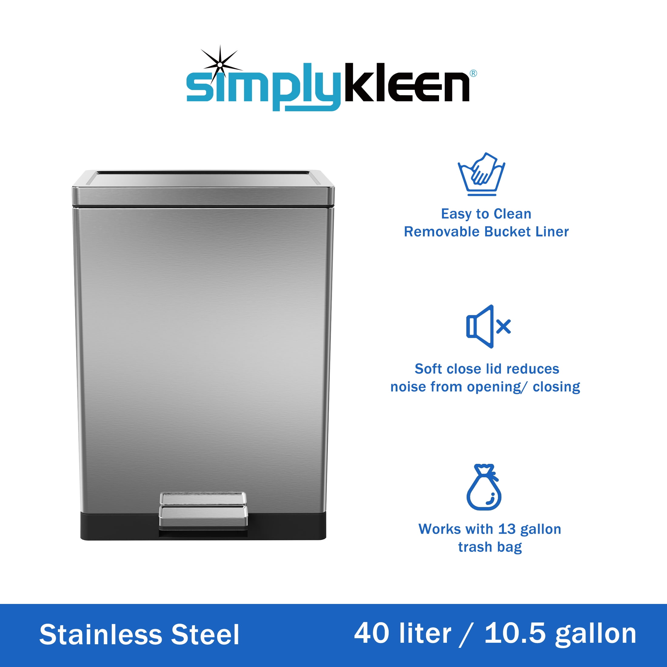 SimplyKleen Rectangular Hands-Free Kitchen Step Trash Can with Soft-Close Lid - 10.5 Gallon, Stainless Steel