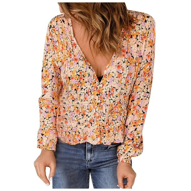 Tops estampados de manga larga de ocio con cuello en V de verano a la moda para mujer Fridja czfsfas6784