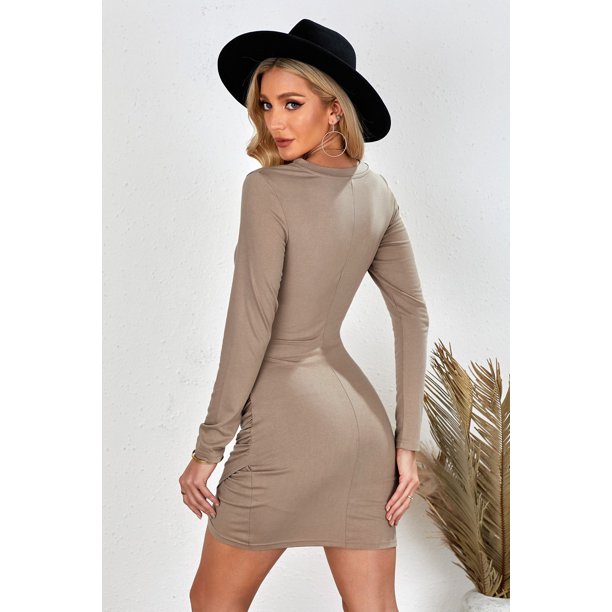 ABPHQTO Minivestido ceñido al cuerpo con pliegues y aberturas de manga larga caqui para mujer