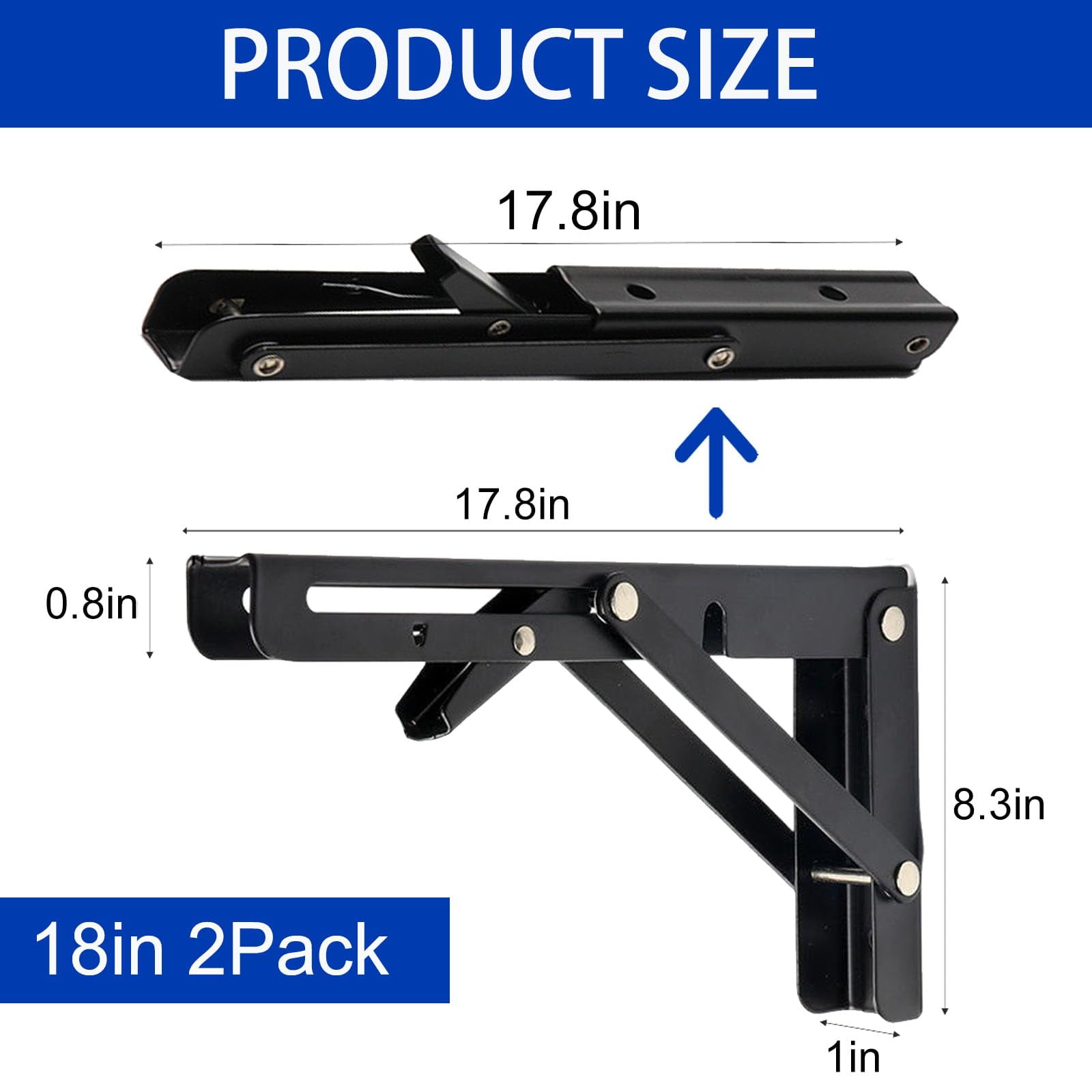 18 Inch Heavy Duty Folding Shelf Brackets, 2 Pack DIY Wall Mounted Shelf Bracket for Fold Down Table, Stainless Steel Folding Table Hinge Space Saving (18 inches)