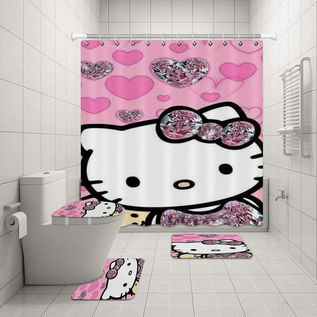 Hello Kitty Ensemble de Rideau de Douche Sanrio Impression Anime Imperméable Rideau de Douche Ensemble de Quatre Pièces Tapis Couvercle de Toilette en Forme de U LS