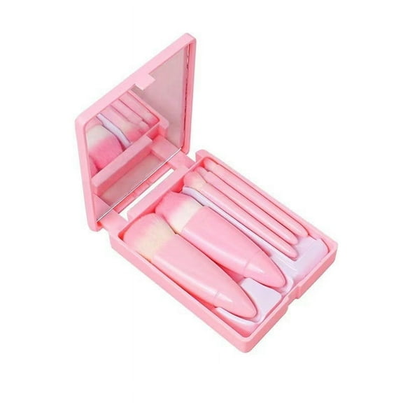 Makeup Brush Set, Travel Makeup Brushes, 5pcs Mini Cosmetic Brush Kit with Mirror, Soft Synthetic Bristles, Portable Compact Design, Multi-Functional Eye Shadow Powder Lip Blush Brushes