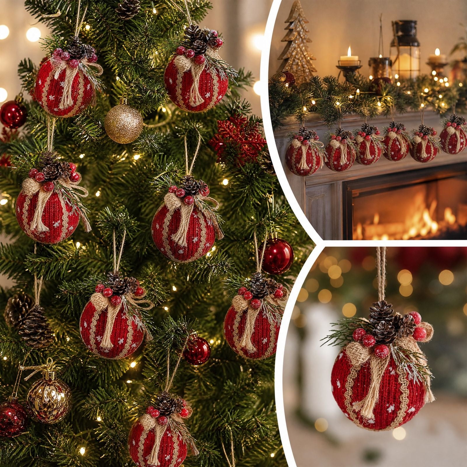 Hkapeg Textured Christmas Ball Ornaments Set Pinecone Berry Hanging Baubles for Xmas Tree Rustic Holiday Tree Decorations for Party Home Window Mantel Decor Ornament Gift