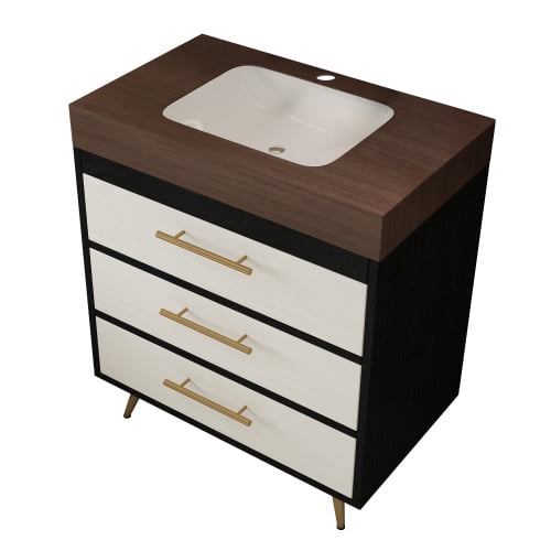 30" Sintered Stone Top Bathroom Vanity with Storage, Bathroom Vanity with Ceramic Sink, Freestanding Storage Cabinet with Soft Close Drawers for Bathroom, Black,Gold,Walnut,White
