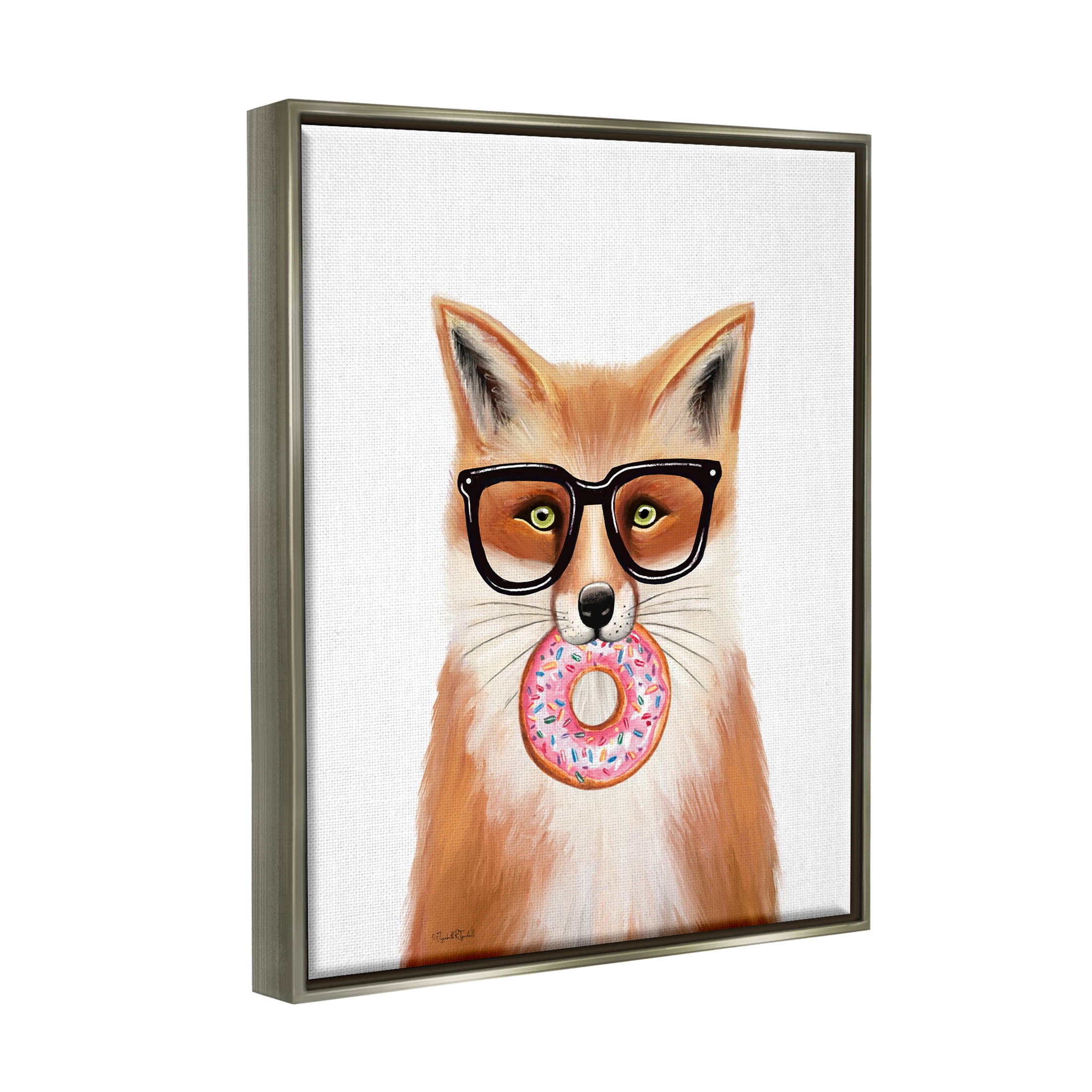 Stupell Industries Fox Holding Donut Wearing Glasses Graphic Art Luster Gray Floating Framed Canvas Print Wall Art, Design by Elizabeth Tyndall