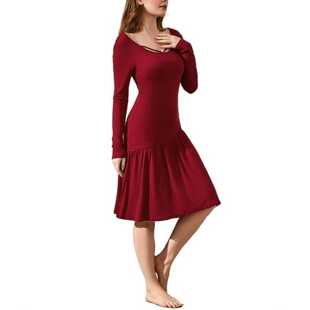 

Elegant Plain Scoop Neck Sleepshirts Burgundy Long Sleeve Women Nightgowns & Sleepshirts L