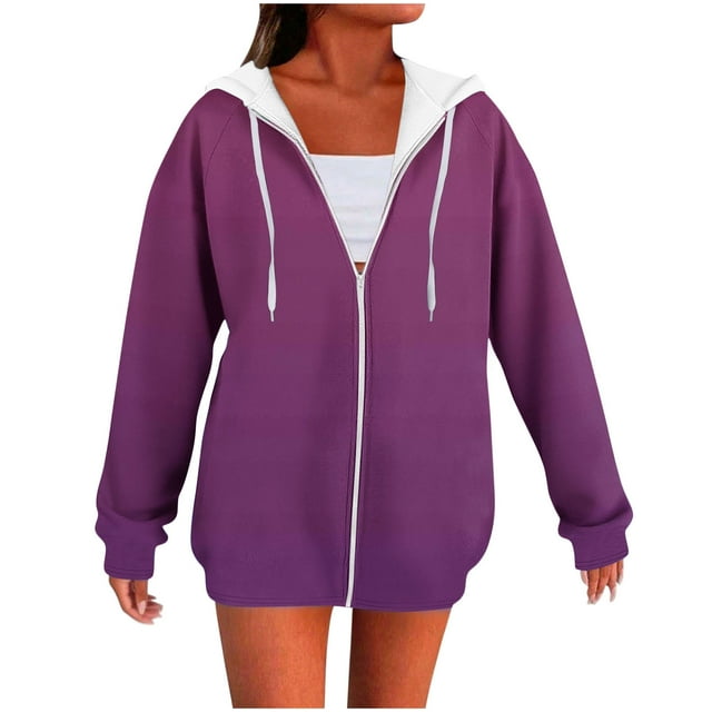 WRKEKC Womens Zip Up Hoodie Gradient Print Raglan Sleeve Hooded Sweatshirt with Drawstring Side Pockets Long Sleeve Fall and Winter Outerwear
