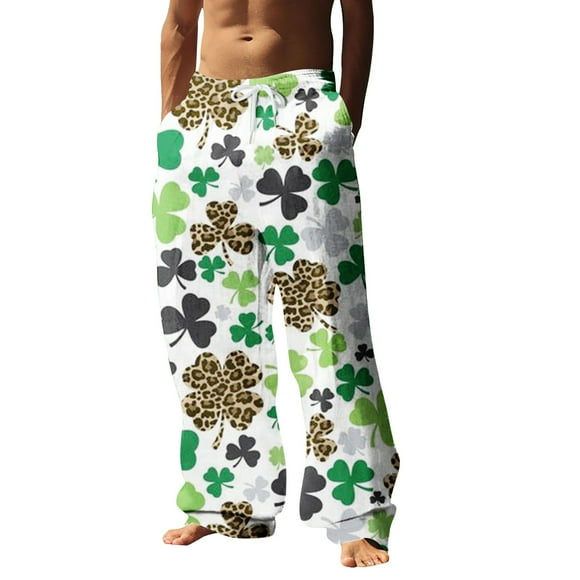JHLZHS Chef Pants Men Men's Four Seasons Fashion Casual Digital 3D Printing St Patrick's Day Casual Pants Style Four Cargo Pants for Men Joggers Belt Loops Dress Pants for Men Slim Fit Plaid