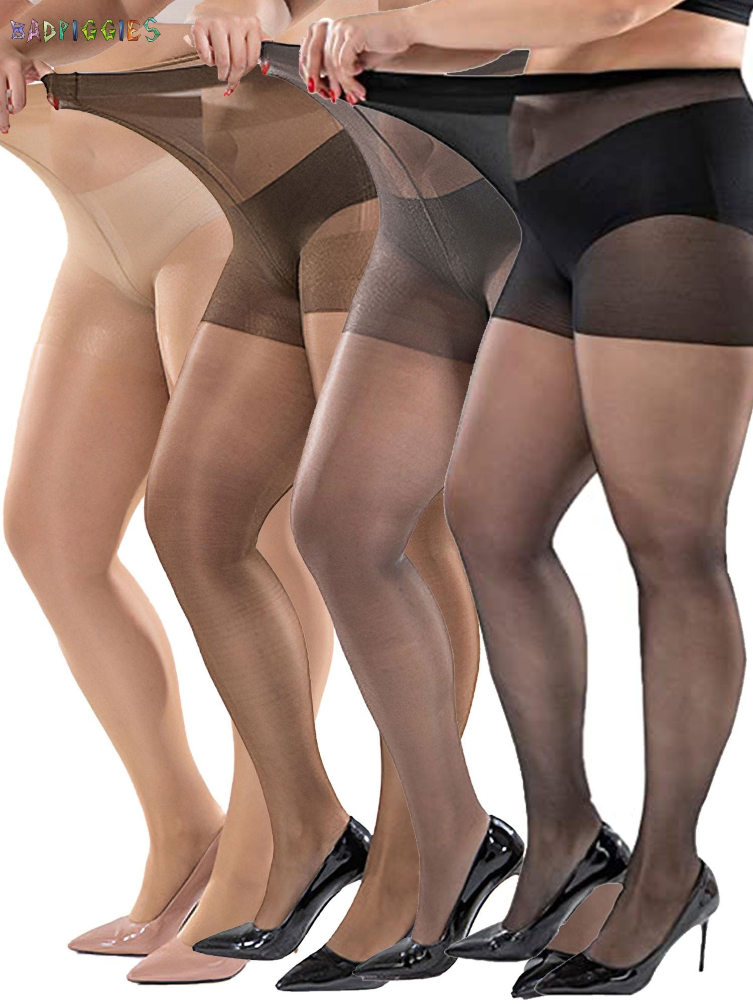 BadPiggies Super Durable Sheer Pantyhose Plus Size, 4 Pack 40D Queen