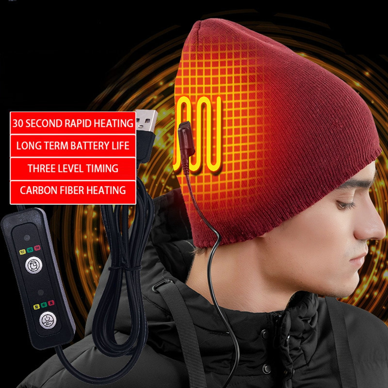 USB Electric Heated Winter Beanie Cap - Soft Lined Knitted Hat Warmer for Men, Women, Skiing, Fishing & Motorcycle Riding (No Power Included)