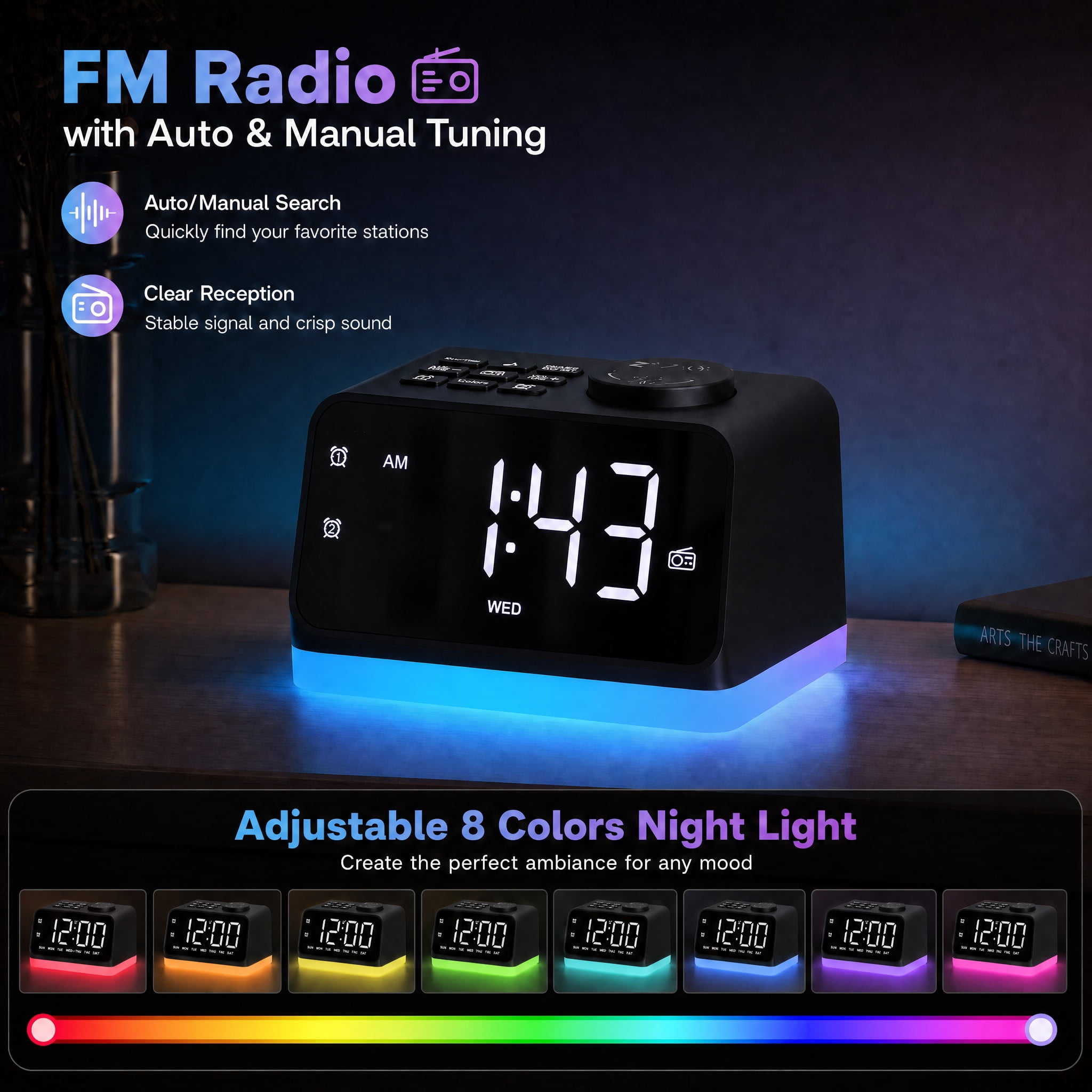Digital Alarm Clock with FM Radio for Bedroom, 8 Colors Night Light with 2 Charging Port, Sleep Sound Machines with Timer, Dual Alarm, Loud Alarm and Easy to Use for Seniors and Kids