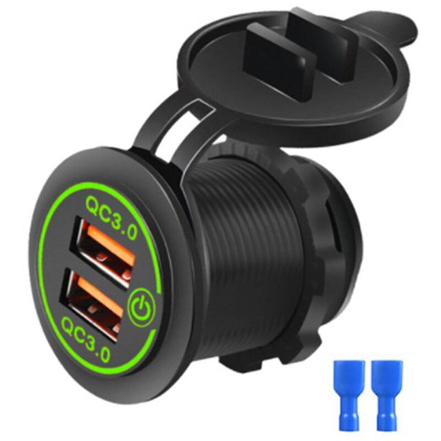 3.0 Toma de corriente para cargador de coche con doble USB y interruptor táctil para luz verde de 12 V-24 V para barco
