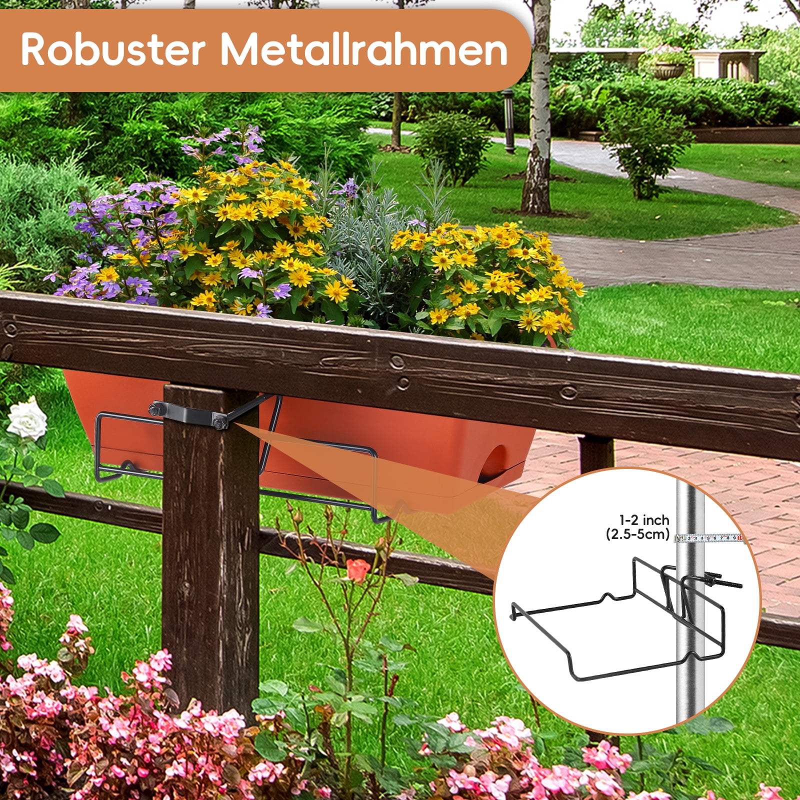 Railing Planter Boxes, Deck Rail Planter for Outdoor Plants, Hanging Railing Window Boxes Planter with Drainage Tray, Window Flower Pots with Brackets, for Over Rail Porch Fence, Balcony & Home Decor