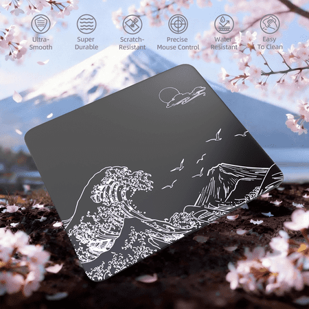 ATTACK SHARK CM05 Glass Gaming Mouse Pad,17.7x15.7 in Tempered Glass Hard Large Mouse Mat with Nano-Textured Surface, Non-Slip PU Leather Base,9H Scratch Resistant for FPS &PC Gaming Black Wave